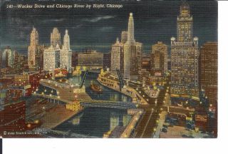 Vintage Postcard Wacker Drive And Chicago River By Night Chicago