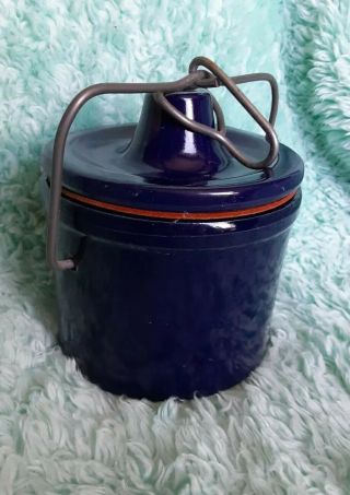 Vintage Cobalt Blue Stoneware Crock With Lid,  Wire Bale,  And Red Seal.  J