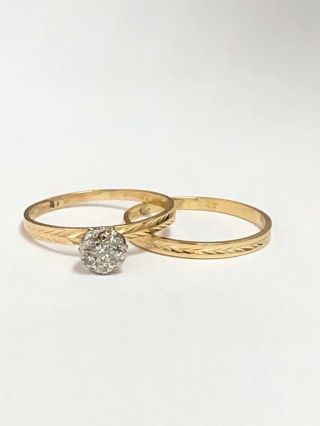 Vintage 14k Solid Yellow Gold.  25 Tcw Seven Diamond Wedding Set Size 9
