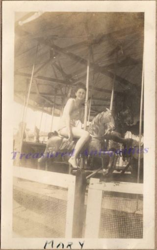 1930s Woman Swim Suit Amusement Park Carousel Horse Merry - Go - Round Ride Photo