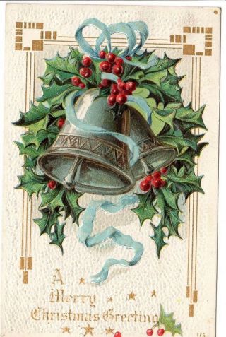 Vintage Postcard Christmas Greeting Post 1910 Silver Bells Holly Xmas Sticker
