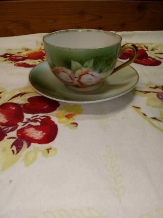 Vintage Germany Hand Painted Roses Pink/green/gold Teacup & Saucer