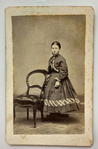Circa 1860 Cdv Photo - Civil War Era - Woman Standing Chair Blank Back