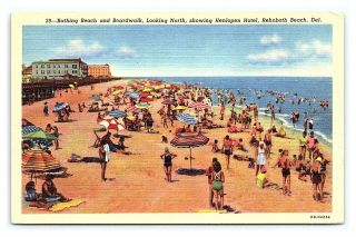 Vintage Postcard Boardwalk And Beach Rehoboth Beach Henlopen Hotel Delaware E0