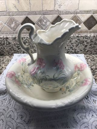 Antique Victorian Ceramic Bowl & Water Pitcher 9” Ivory W/ Pink Carnations