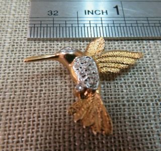 Vtg 14k Solid Y.  Gold Diamond Hummingbird Brooch Pin
