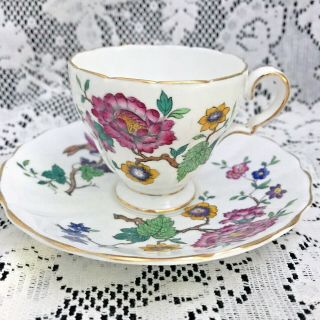 Grosvenor China Demitasse Cup & Saucer “berries” Floral With Bird,  England