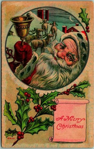 Vintage 1910 Christmas Postcard Santa Claus Ringing Bell / Reindeer On Roof