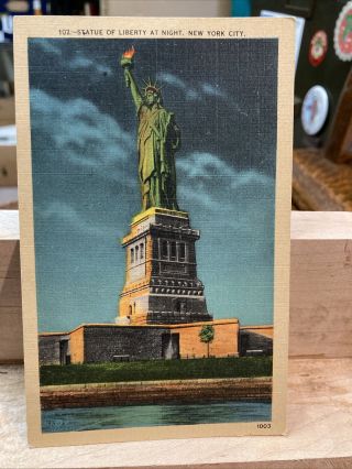 York City,  Ny Statue Of Liberty Postcard At Night Nyc Vintage Linen Old Card