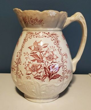 F.  Winkle & Co Antique English Red & White Floral Transfer - Ware Wash Pitcher