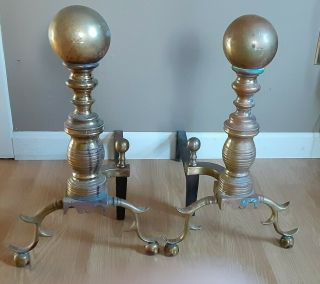 Vintage Virginia Metalcrafters Solid Brass Ball Fire Dogs Andirons Cast Iron