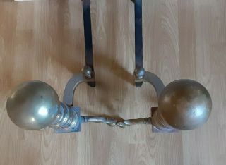 Vintage Virginia Metalcrafters Solid Brass Ball Fire Dogs Andirons Cast Iron 3