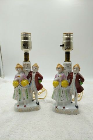 Antique Boudoir Victorian Couple Man & Woman Figurine Porcelain Lamps Japan 1 Pr