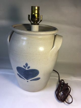 Vintage Stoneware Jug Crock,  Cobalt Blue Decorated Heart Country Lamp