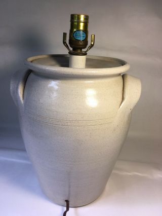 Vintage Stoneware Jug Crock,  Cobalt Blue Decorated Heart Country Lamp 3