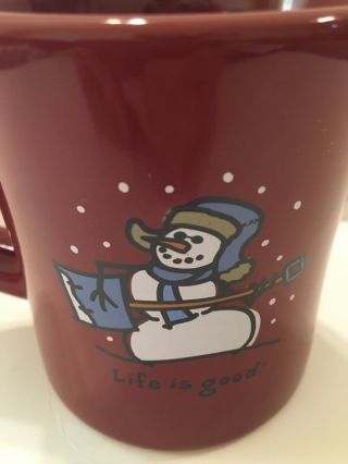 " Life Is Good " Coffee Tea Mug Cup Snowman Shovel Burgundy Red Good Home