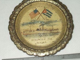 Remember The Maine Antique Tin 3 1/4 Inch Saucer Boat Ship & Crossed Flags