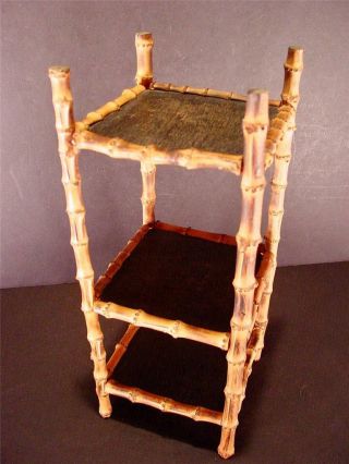 Small Antique 3 Tier Wood & Bamboo Shelf 16 " Tall Doll Size