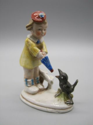 Antique German Porcelain Girl With Umbrella And Crow 20841 6 "