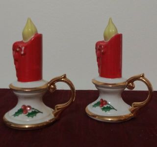 Vintage Set Of 2 Ceramic Christmas Candle Holly Berry Salt And Pepper Shaker