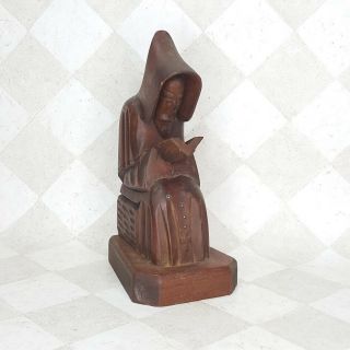 Vintage Hand Carved Wood Praying Monk Priest Figure Bookend Rosary & Bible Cross