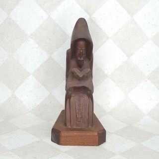 Vintage Hand Carved Wood Praying Monk Priest Figure Bookend Rosary & Bible Cross 2