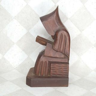 Vintage Hand Carved Wood Praying Monk Priest Figure Bookend Rosary & Bible Cross 3