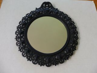 Vintage 7 1/2 " Round Mirror In An Ornate Black Cast Iron Frame