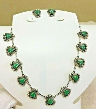 Stunning Vintage Sterling Silver And Green Turquoise Necklace And Earring Set