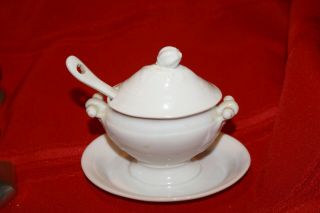 Miniature White Soup Tureen With Ladle And Underplate Attached 5 " Lx 4.  5 " H