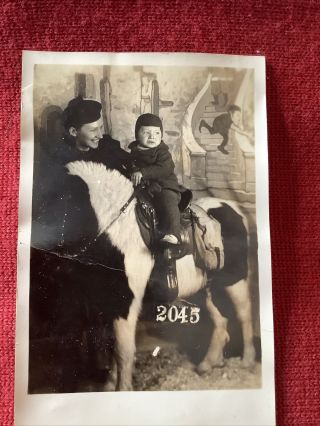 Vintage Christmas Real Photo Postcard Boy Pony Horse Santa Claus On Stairs Rppc