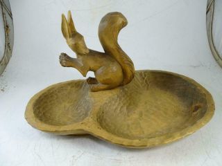 Vintage Mid Century Hand Carved Black Forest Wood Nut Bowl Dish Squirrel German