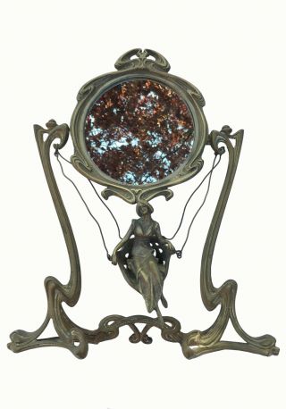 Exquisite Vintage Art Nouveau Style Bronze Vanity Swinging Figurine Mirror Erte
