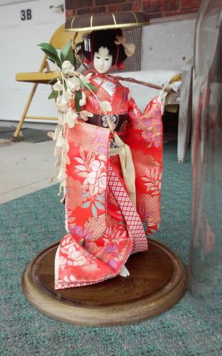 Vintage 17 " Japanese Geisha Doll Glass Eyes In Glass Dome Display Porcelain