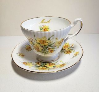 Royal Dover " March " Tea Cup & Saucer Gold Trim Yellow Flowers England