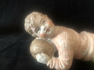 Vintage German Bisque Figure/Piano Baby Laying Boy With Ball 8” 2