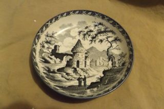Antique Early 19th C Soft Paste Porcelain Berry Bowl Black Transfer Castle