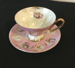 Hand Painted Made In Japan Pink Floral Teacup And Saucer Luster