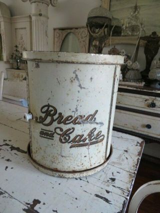 Omg Old Vintage Round Metal White Bread & Cake Cabinet Box Gold Lettering