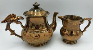 Copper Luster Ware Teapot & Small Pitcher/lg Creamer Eagle Orange Band Antique