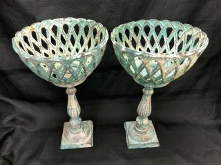 2 Antique French Cast Iron Garden Lattice Planter Metal Urn Vase Love Cup Rare