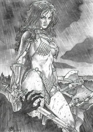 Red Sonja (09 " X12 ") And Unique 1/1 Comic Art By Edilson Bilas