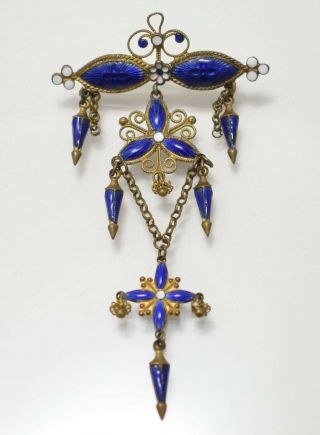 VICTORIAN 1800 ' S ANTIQUE BLUE GUILLOCHE ENAMEL DROP FLORAL BROOCH PIN 3 1/2 