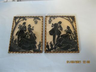 2 Vintage Reverse Painted Silhouette On Glass Picture Formal Couple