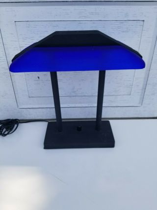 Vintage 1980s Memphis Style Desk / Bankers Lamp With Blue Glass Shade