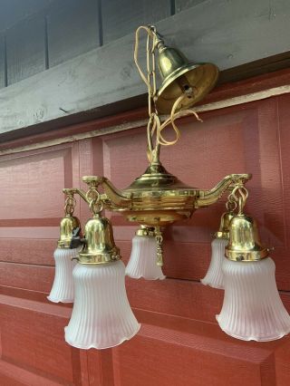 Vintage Art Deco 5 Arm Brass Ceiling Light Chandelier Fixture With Glass Shades