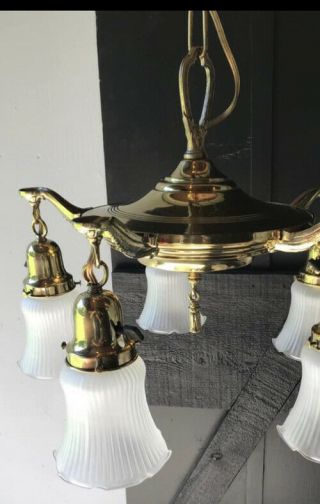 Vintage Art Deco 5 Arm Brass Ceiling Light Chandelier Fixture with Glass Shades 2