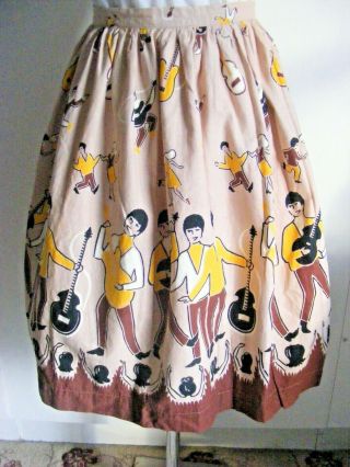 Rare Vintage 1960s The Beatles Cotton Skirt Yellow Black Brown Fab Four Waist 24