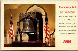Vintage Twa Trans World Airways Advertising Postcard " Liberty Bell " Linen 1950s