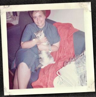 Vintage Photograph Woman Holding Cat / Kitten On Couch